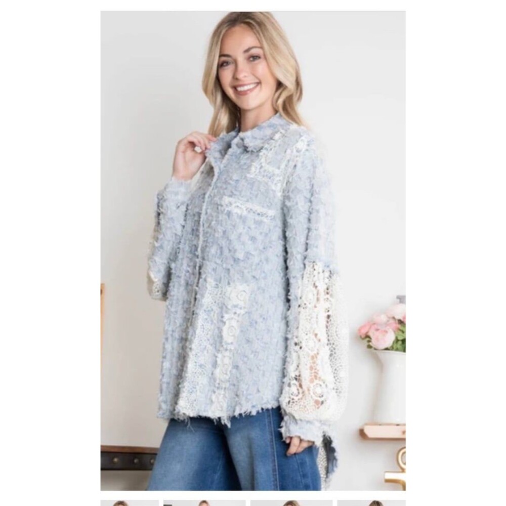 Bluevelvet shacket BLUE VELVET button down shirt tweed lace blue 100% cotton NEW